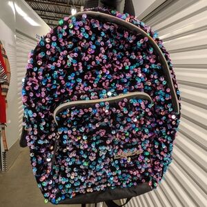 bebe Black Backpack with Iridescent Pink & Blue Sequins